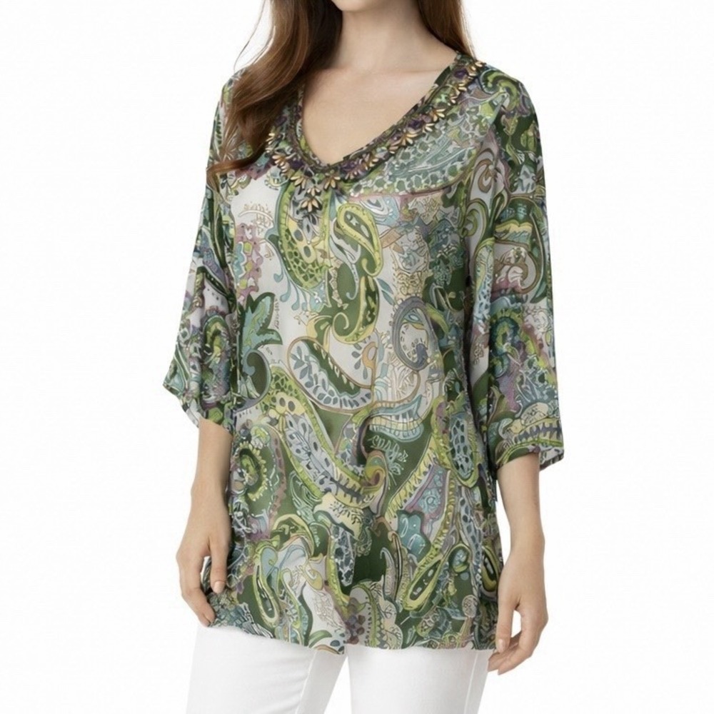 SUSAN GRAVER Tunic Top sz L Beaded Green Paisley Chiffon 3/4 Sleeve QVC Blouse